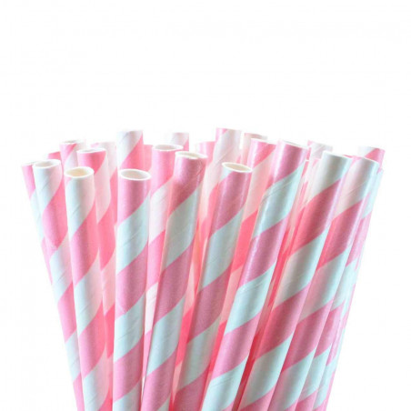 Pack de 25 pajitas de papel rayas rosas
