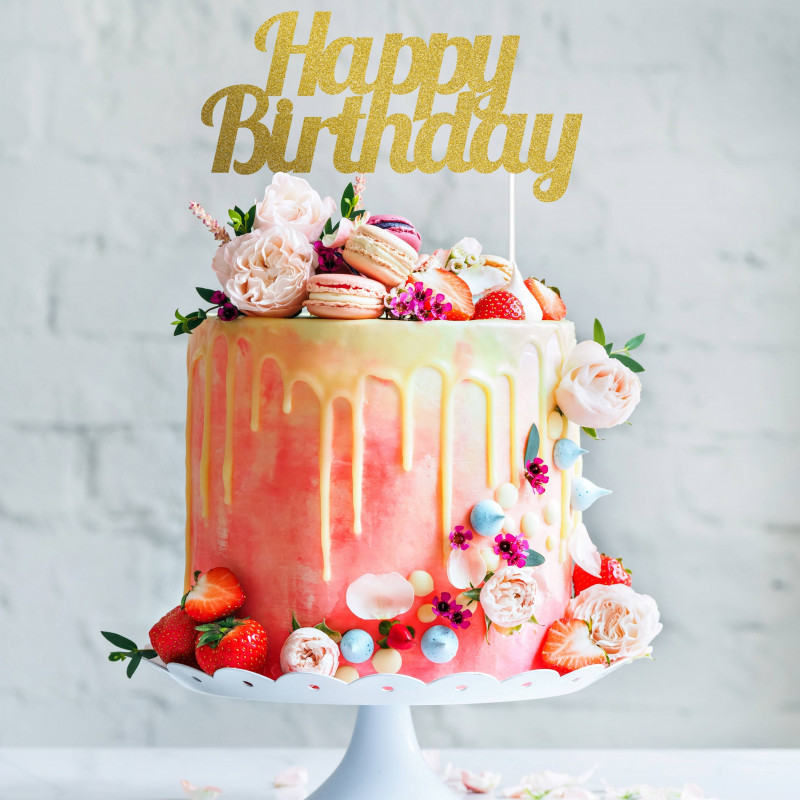topper tarta feliz cumpleaños purpurina dorado
