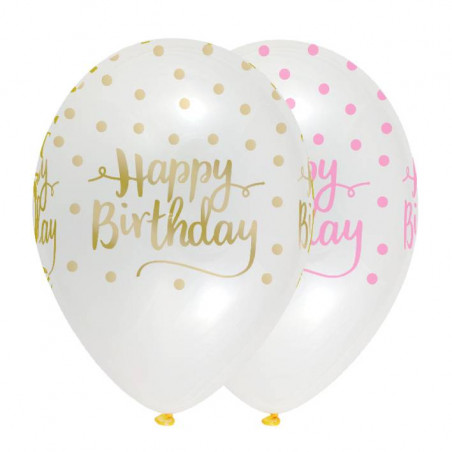 globos transparentes "happy birthday" rosa 30 cm