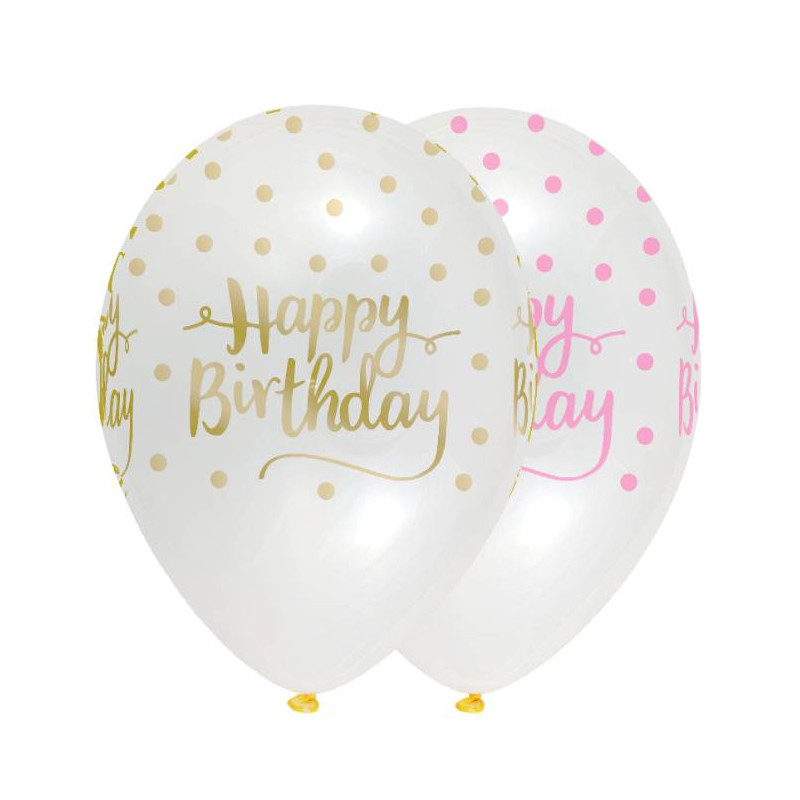 globos transparentes "happy birthday" rosa 30 cm