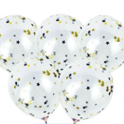 5 globos con confeti estrellas negras y doradas